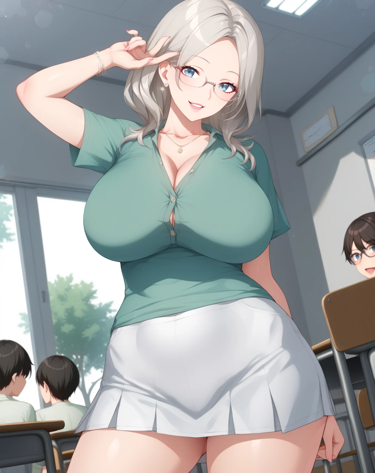 score_9, score_8_up, score_7_up, source_anime, 1girl, sexy woman, mature, huge breasts, large breasts, curvy, voluptuous, grey hair, blue eyes, parted bangs, straight hair, green shirt (neckline), short white skirt, glasses, earrings, jewelry, smile, standing, kindergarten, classroom, indoors, multiple people