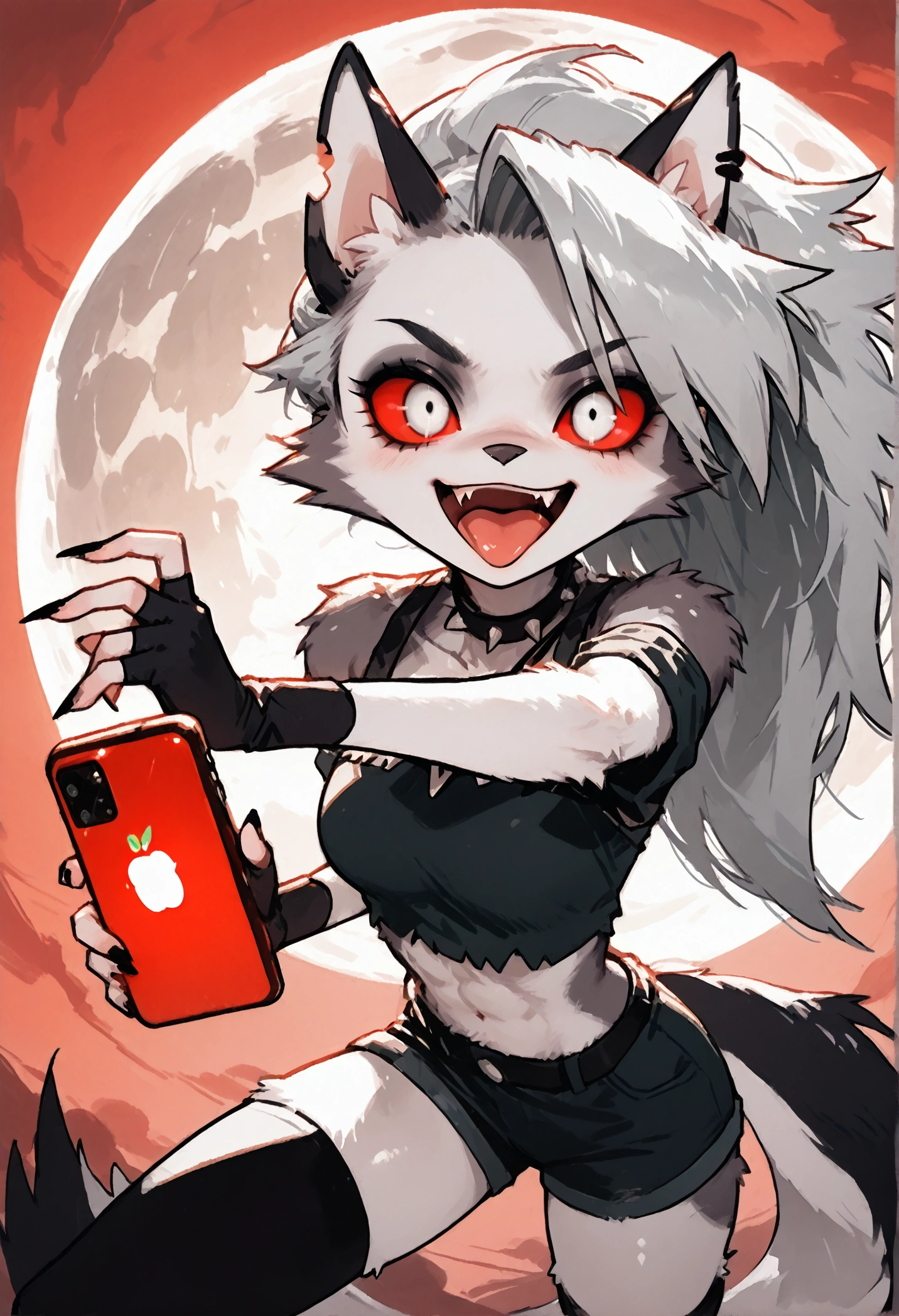 solo,1girl\((red sclera:1.3),(white eyes:1.3), Loona, Loona\(Helluva Boss\),hellhound, muzzle, Anthro, furry, thigh highs, fingerless gloves, Shorts, Crop top, evil smile,mad, (fang:1.4), sharp teeth, (open mouth:1.3),(tongue:1.3),(close-up of eye:1.4),(abs:0.8),long nails,detailed face,detailed fur,shiny fur,shiny skin,(hold red iPhone:1.3),dynamic pose,from side\).dynamic angle. score_9, score_8_up, score_7_up, score_6_up, score_5_up, score_4_up, source_anime,source_furry,rating_safe,rating_questionable,masterpiece, best quality, perfect anatomy , very aesthetic , absurdres .limited palette.red filter.gothic horror mood.full moon.(dynamic angle:1.3).(fisheye:1.3) lens.from above.concept art, realistic,