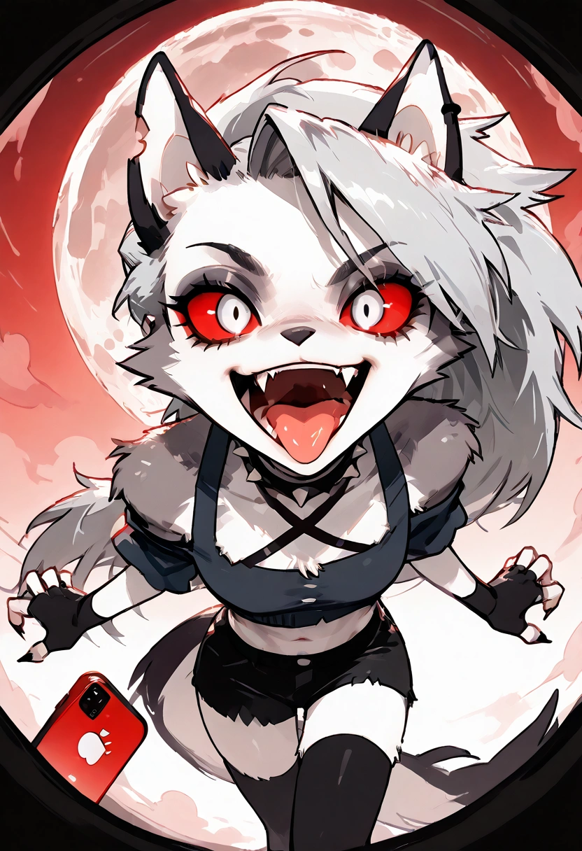 solo,1girl\((red sclera:1.3),(white eyes:1.3), Loona, Loona\(Helluva Boss\),hellhound, muzzle, Anthro, furry, thigh highs, fingerless gloves, Shorts, Crop top, evil smile,mad, (fang:1.4), sharp teeth, (open mouth:1.3),(tongue:1.3),(close-up of eye:1.4),(abs:0.8),long nails,detailed face,detailed fur,shiny fur,shiny skin,(hold red iPhone:1.3),dynamic pose,from side\).dynamic angle. score_9, score_8_up, score_7_up, score_6_up, score_5_up, score_4_up, source_anime,source_furry,rating_safe,rating_questionable,masterpiece, best quality, perfect anatomy , very aesthetic , absurdres .limited palette.red filter.gothic horror mood.full moon.(dynamic angle:1.3).(fisheye:1.3) lens.from above.concept art, realistic,