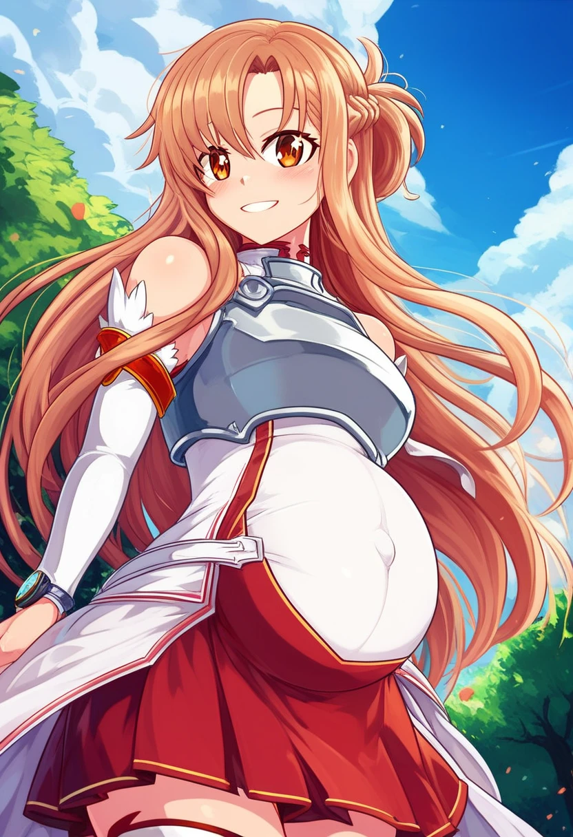  score_9,  score_8_up,  score_8,  medium chest , (Curvy), cute,  eyelash , break, ,,, zzAsuna, Asuna (Star),  long hair,  brown hair,  Brown Eyes ,  braided , 非常に long hair,  knee-high, Bare shoulders,  Detached Sleeves, armor, white  knee-high, breastplate,  red skirt , ,,, break, smile,  Watch viewers,  Cowboy Shots,  outdoors, sunny day, null, day, cloud, tree, 青null, sunny, ExpressiveH,Pregnant woman