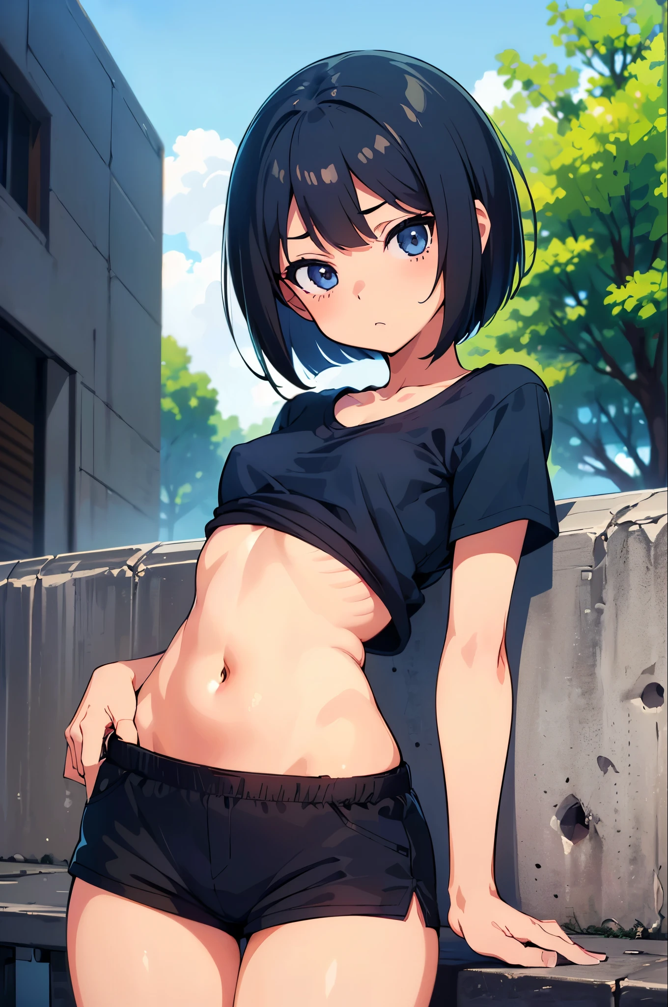 (best quality, ultra-high resolution, depth of field:1.2), 1woman, toned body, black hair, streaked hair, short hair, bangs, medium breasts, black crop top, wide hips, denim jeans, highleg panties, (graffiti:1.4), paint-stained clothes, slouching, against the wall, upturned eyes, head tilt, expressionless
