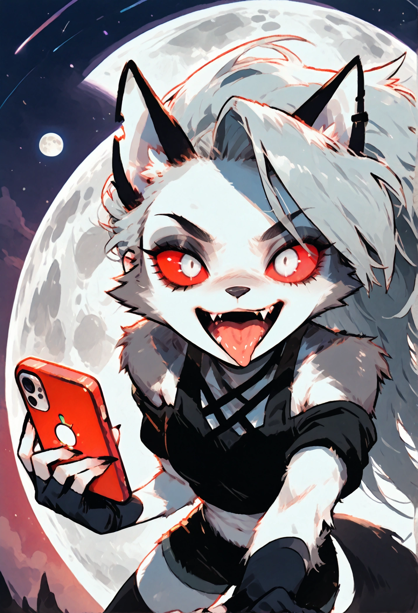 
solo,1girl\((red sclera:1.3),(white eyes:1.3), Loona, Loona\(Helluva Boss\),hellhound, muzzle, Anthro, furry, thigh highs, fingerless gloves, Shorts, Crop top, evil smile,mad, (fang:1.4), sharp teeth, (open mouth:1.3),(tongue:1.3),(close-up of eye:1.4),(abs:0.8),long nails,detailed face,detailed fur,shiny fur,shiny skin,(hold red iPhone:1.3),dynamic pose,from side\).dynamic angle. score_9, score_8_up, score_7_up, score_6_up, score_5_up, score_4_up, source_anime,source_furry,rating_safe,rating_questionable,masterpiece, best quality, perfect anatomy , very aesthetic , absurdres .limited palette.red filter.gothic horror mood.full moon.(dynamic angle:1.3).(fisheye:1.3) lens.from above.rainbow style, vibrant colors, vivid colors,