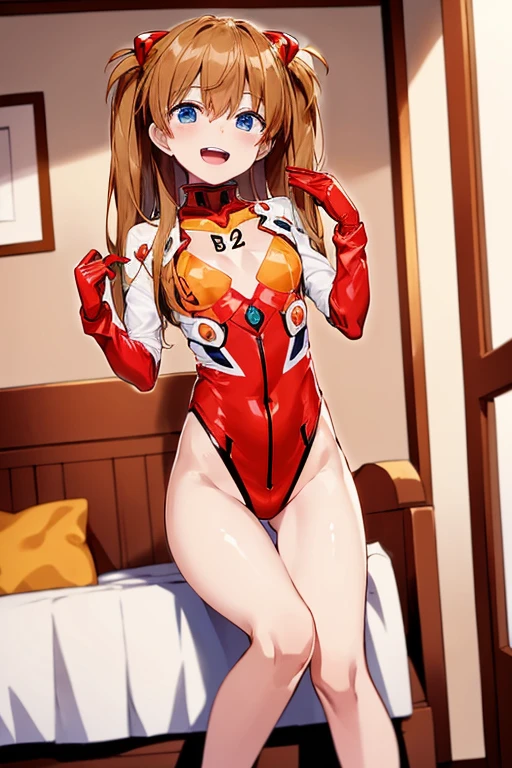 (( top quality)), ((masterpiece)), (be familiar with),  perfect face, indoor, bedroom,  laughing and smiling at the viewer ,
One woman,  Soryu Asuka Langley,
 open mouth,  with an ecstatic expression , blush, smile,
 small tits,  flat chested, Young girl, Lori,  s,  girl,
 long hair,  twin tails,
Leg spread,