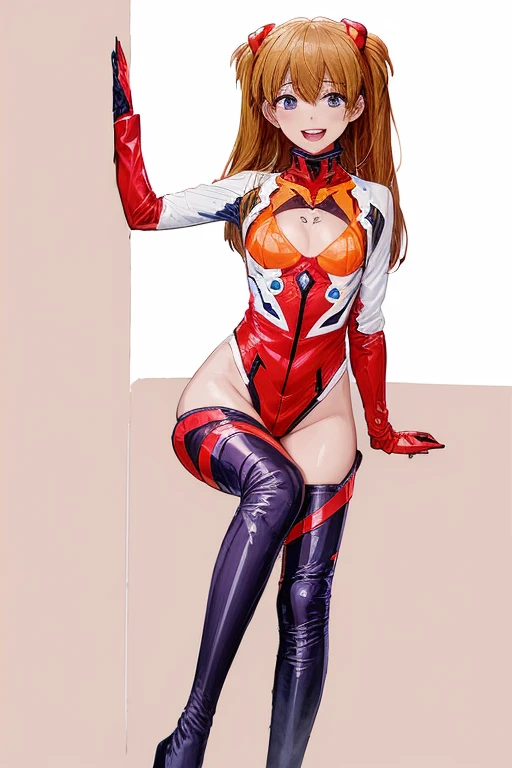 (( top quality)), ((masterpiece)), (be familiar with),  perfect face, indoor, bedroom,  laughing and smiling at the viewer ,
One woman,  Soryu Asuka Langley,
 open mouth,  with an ecstatic expression , blush, smile,
 small tits,  flat chested, Young girl, Lori,  s,  girl,
 long hair,  twin tails,
Leg spread,