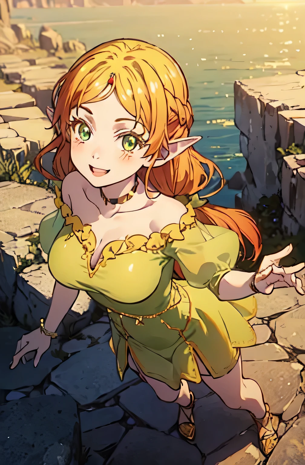 Pointed ears, jewel on forehead, chiffon green peach dress, puffy short sleeves, smiling face, ample breasts, erotic body, super detailed, masterpiece, better quality, aesthetic, detailed, full body composition