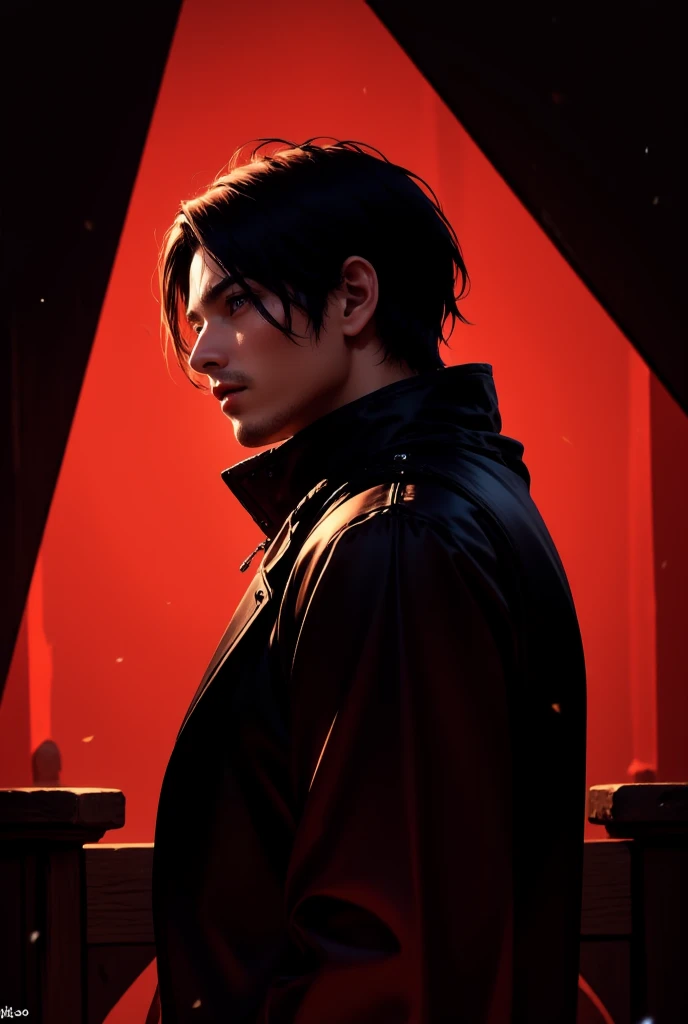 Create an intense, evocative portrait in the Japanese retro anime style of the 80s and 90s. The scene features a male bathed in deep dark light. The background is stark, with sharp contrasts highlighting the contours of he form. The red and orange and black palette intensifies the mood, evoking a sense of mystery and allure. Subtle film grain and meticulous shading add depth and texture, emphasizing the emotional gravity of the scene. The lighting creates a chiaroscuro effect, accentuating her expressive pose and the intense atmosphere. black hair