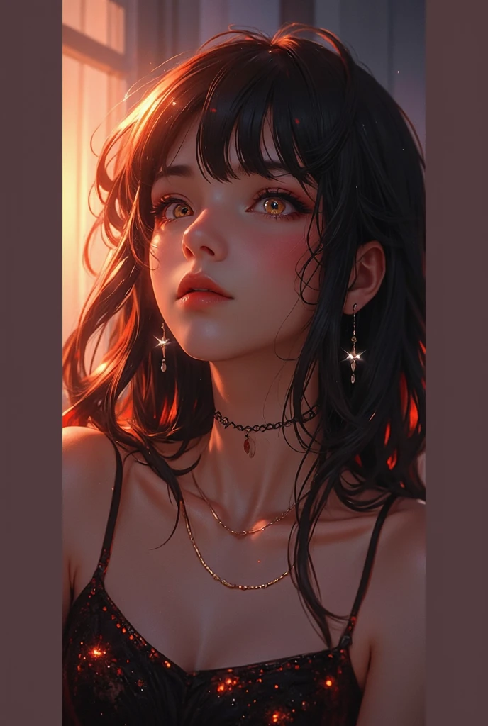 Create an intense, evocative portrait in the Japanese retro anime style of the 80s and 90s. The scene features a male bathed in deep dark light. The background is stark, with sharp contrasts highlighting the contours of he form. The red and orange and black palette intensifies the mood, evoking a sense of mystery and allure. Subtle film grain and meticulous shading add depth and texture, emphasizing the emotional gravity of the scene. The lighting creates a chiaroscuro effect, accentuating her expressive pose and the intense atmosphere. black hair