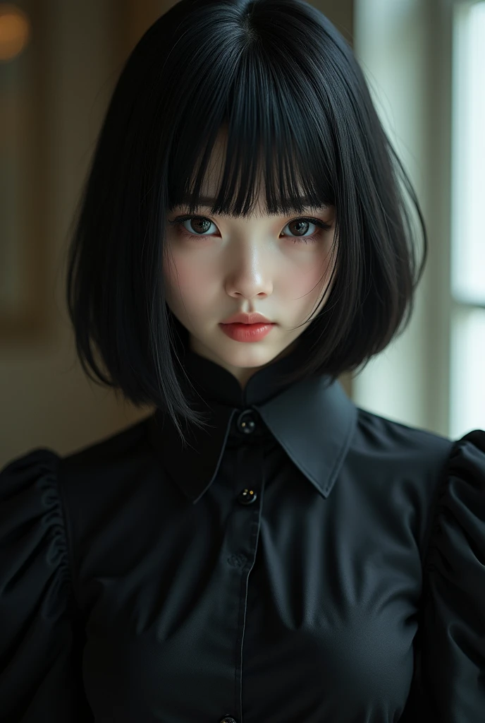 A young girl or so,pale-skinned,The hair was long, short black straight hair. Big、Black eyes , has a strong and mysterious expression . wears an orphan costume style , More elegant and sophisticated , that matches her mysterious and strong personality. All-encompassing, Her appearance will be remarkable , Attract curious and curious eyes. flatchest, 电影灯光 color difference , The light from the back window is backlighted, Masterpiece , High Details , High Quality , 4K.