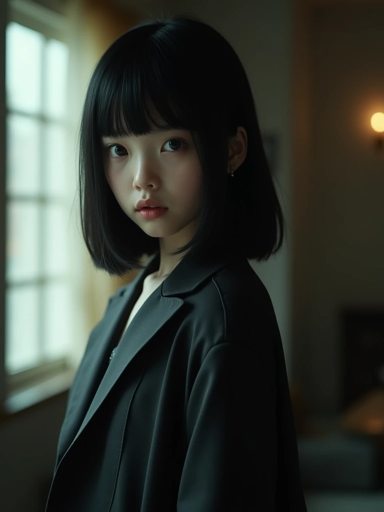 A young girl or so,pale-skinned,The hair was long, short black straight hair. Big、Black eyes , has a strong and mysterious expression . wears an orphan costume style , More elegant and sophisticated , that matches her mysterious and strong personality. All-encompassing, Her appearance will be remarkable , Attract curious and curious eyes. flatchest, 电影灯光 color difference , The light from the back window is backlighted, Masterpiece , High Details , High Quality , 4K.