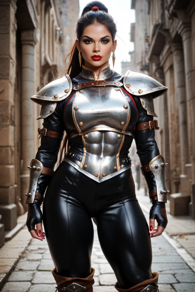 Picture of a fierce, towering, statuesque, voluptuous, muscular, beautiful barbarian female warrior. The is large in power and frame with fierce determination in her here's. She has long orange & black hair that is arranged in a long ponytail. She has some eyeshadow on a dark eyes. She has high cheekbones and large lips with red lipstick. She wears a steel breastplate. She wears black leather gloves that go up to her elbows. She wears black leather pants with thigh high boots. She stands in front of you imposing looking down at you as a Viking hall is behind her. 