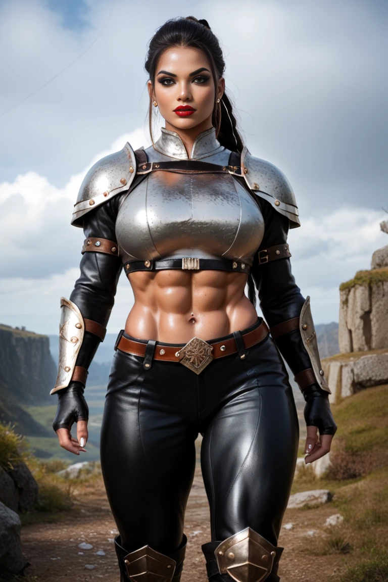 Picture of a fierce, towering, statuesque, voluptuous, muscular, beautiful barbarian female warrior. The is large in power and frame with fierce determination in her here's. She has long orange & black hair that is arranged in a long ponytail. She has some eyeshadow on a dark eyes. She has high cheekbones and large lips with red lipstick. She wears a steel breastplate. She wears black leather gloves that go up to her elbows. She wears black leather pants with thigh high boots. She stands in front of you imposing looking down at you as a Viking hall is behind her. 