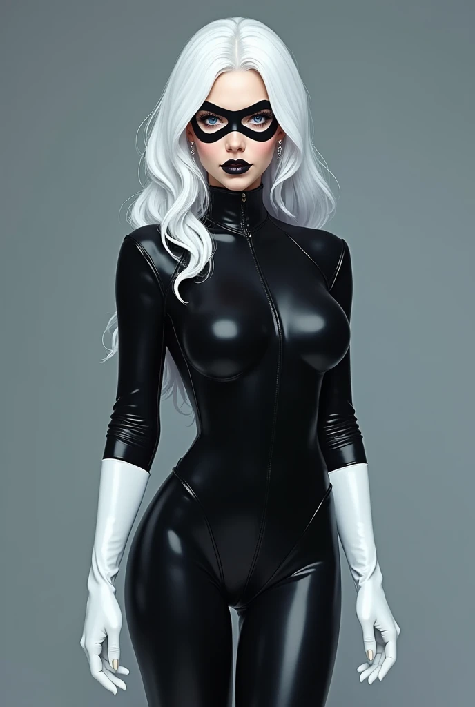beautiful woman, detailed face, beautiful face, white hair, beauty, black cat cosplay (Marvel), ((Black Cat)), Marvel Black Cat, black latex clothing, Eye mask, full body photo, prominent figure, night, photo (Masterpiece) (Best quality) (detail) (8K) (HD) (Wallpaper) (cinematic lightining) (Crisp focus) (Intricate), sexy, rain, wet, rays, best quality, Ultra high resolution,  Photorealistic, Full Body Portrait, Incredibly Beautiful, Dynamic Poses, Detailed Skin Texture, Highly Detailed Skin, Detailed Face, Beautiful Legs, Big Breasts, Powerful, Detailed Arms, Sexy Body, Detailed Eye Mask.