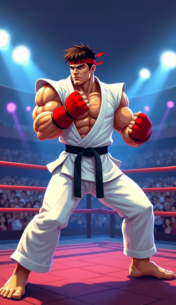 bodybuilding physique, A muscular man with a strong build.. He has a well-defined jaw and a serious expression.. Su piel es clara, y tiene barba corta. Boxeador o karateka, pose de karate, pose de boxeo, only pants, hermoso rostro,lleno de luz,Una mirada decidida
