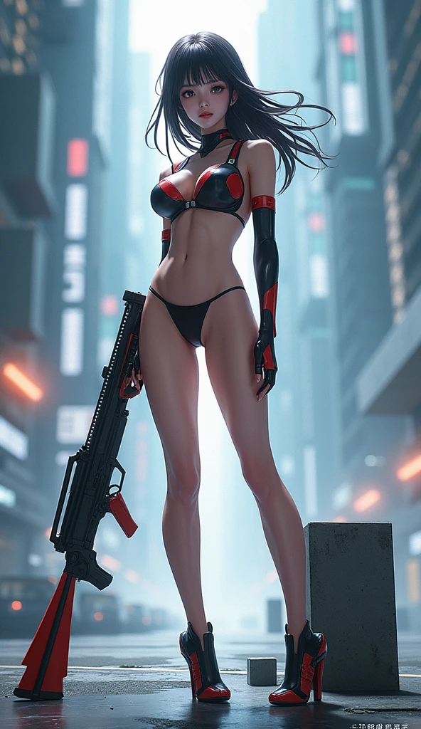 (masterpiece, best quality:1.2),((photoreal:1.1)),perfect anatomy,solo, ((1 middle age woman)),perfect eyes,Kei from The Dirty Pair, bushy red hair beauty, ((looking at viewer:1.4)),((horizontal angle)),((shoot from front:1.4))((muscular:1.3),((do not hide your crotch)),((do not show your skin:1.4)),((standing:1.3)), extremely delicate and beautiful dark skin, hands behind head, enticing look, sexy, silver clothing with red trim, cameltoe, cyberpunk city background 