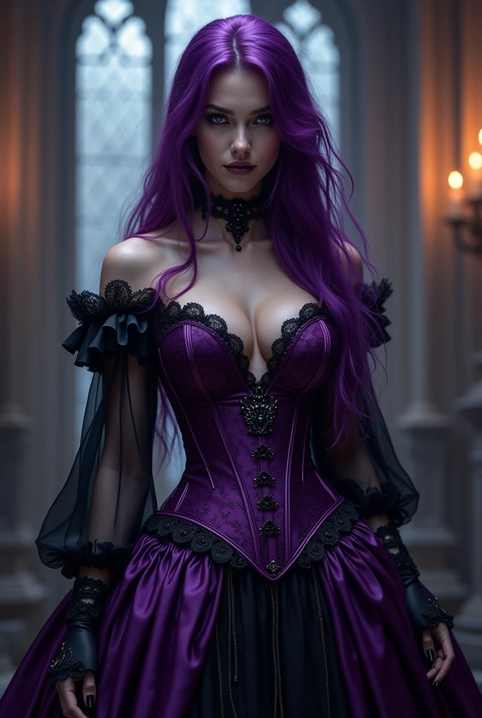 Sexy gothic, large breasts, laced clothing, full body, purple, and black, necromancer, elf, purple wavy hair, regal, skull, blue eyes