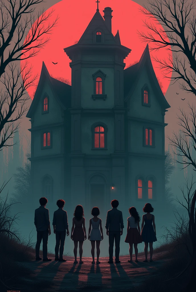 A short, dark-haired girl with a purple ring, very beautiful, a 10 year old blond boy with a green pearl necklace, a blond boy with freckles and a blue amulet necklace. They are all holding hands in front of an old, abandoned house and their expressions are filled with fear.