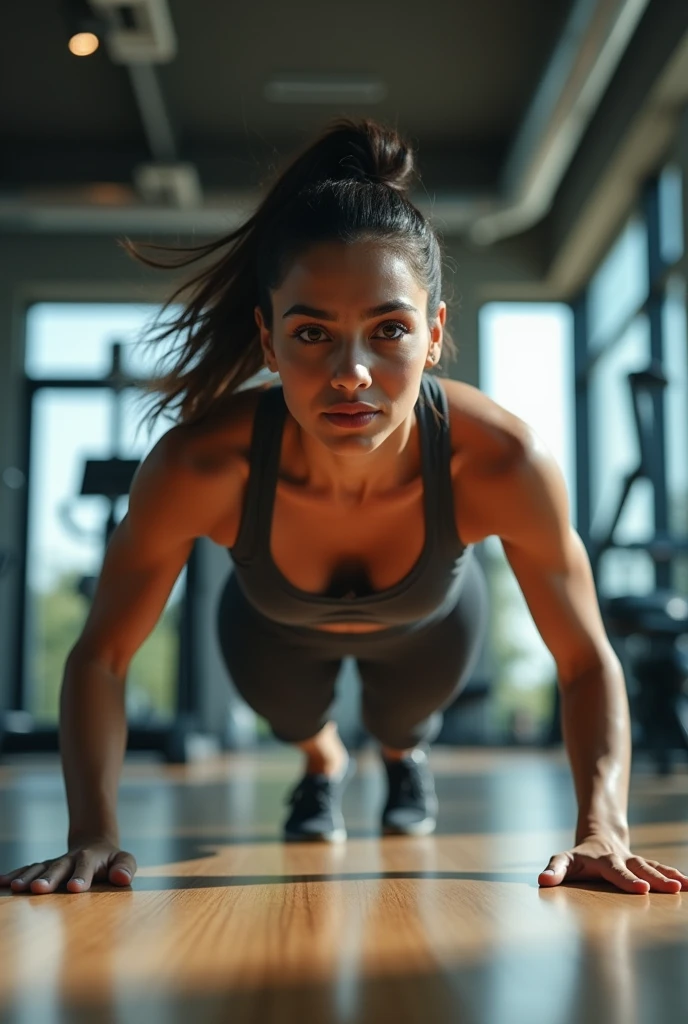 A beautiful korean women, chubby, wet hair, body wet with sweat , natural huge breasts, wear nike spsortwear, nike shoes, sensual and seductive expression, elbow plank on the floor At the gym in the night as background detail. look at the viewer, natural light, realistic photography, wide angle shot.