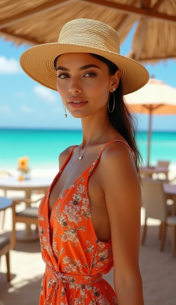 jolie brune, en plein air, assis à une table, coucher de soleil, plage, paysage paradisiaque, en tête-à-tête avec toi, beaux seins, doux visage, regard affectueux, lentilles de contact, vêtements de soirée, tenue élégante, tenue de vacances , vue rapprochée, haut du corps, maquillage sublime, rouge à lèvres, rêve, tatouage, coloré, été, cocktails et apéritifs, chapeau de paille