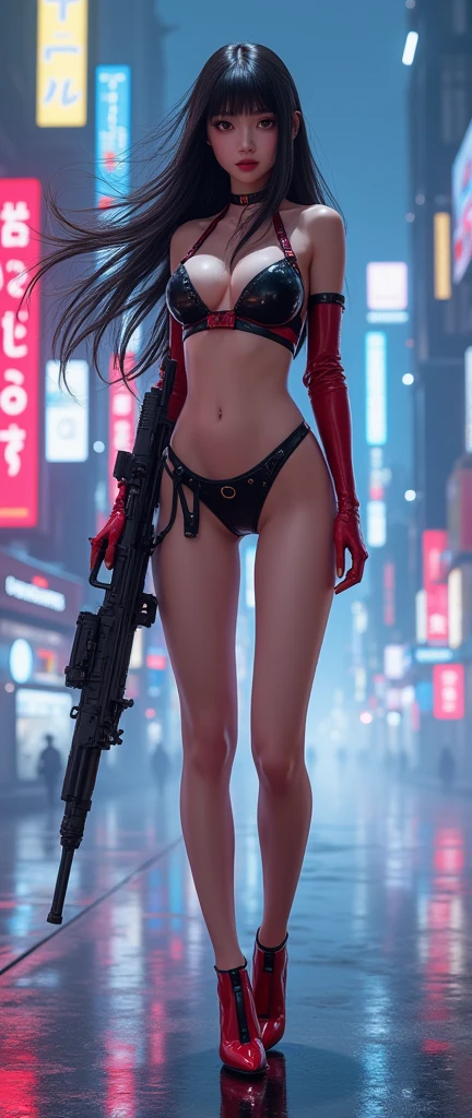 art by katsuya terada, art by range murata, art by akiman, art by JUNNY, Full body shot portrait of cute slender Young Japanese hit girl, Battle Scars, Realistic skin texture, Few moderate moles, wearing a suit, hold a gun, Red Circle nightclub in San Diego, Red and blue cinematic lighting, highly detailed, ray tracing, digital painting, concept art, smooth, sharp focus, illustration, 8k