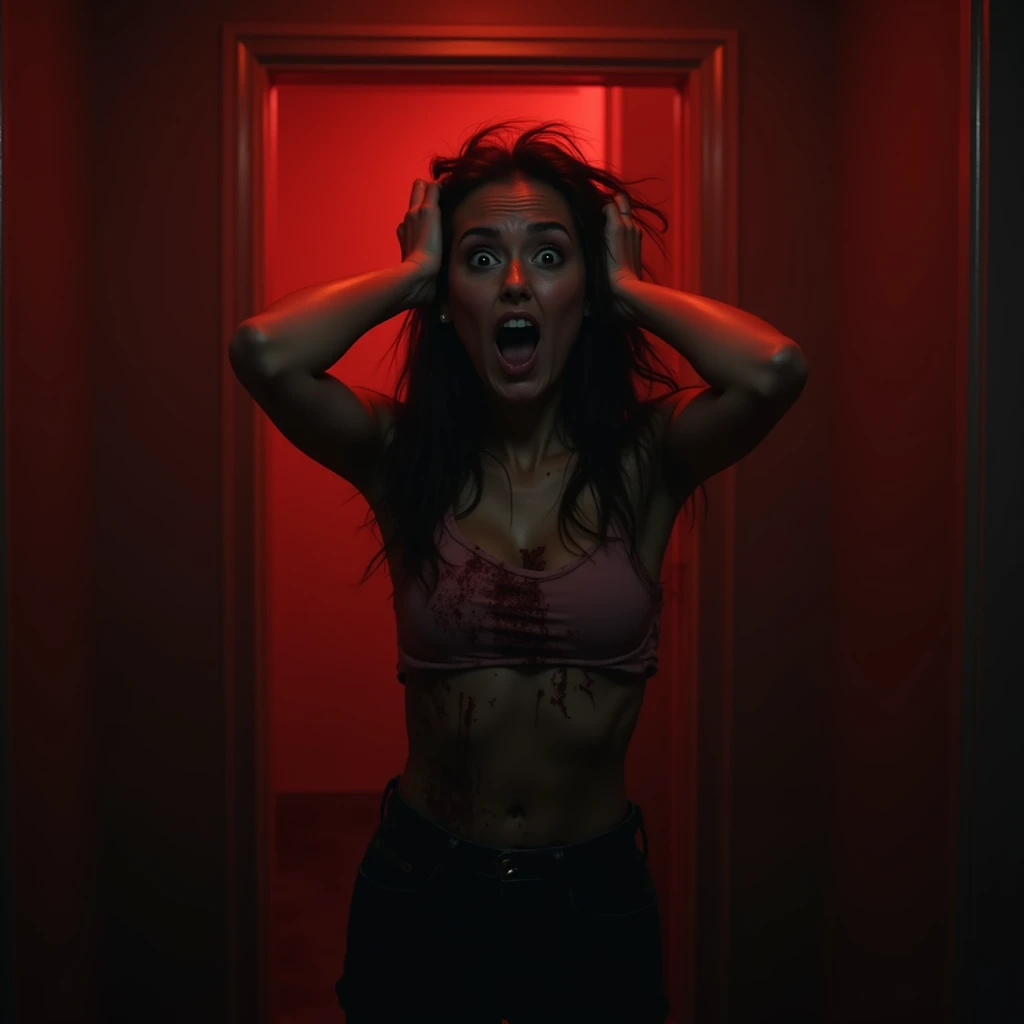 The photo is taken from a hole, where on the other side there is a narrow dark cabin, with red light, A woman sensually positioned on a bench looking into a dark 2-inch diameter glory hole, with an expression of expecting some surprise to come out of there. The glory hole is at the height of the woman's face. she's without a bra, wearing lingerie panties. is extremely beautiful, delicious, daring, safada. And a man without clothes, It is touching. The woman is excited, with the mouth open and with one hand making the traditional gesture of inviting whoever is on the other side, come in there