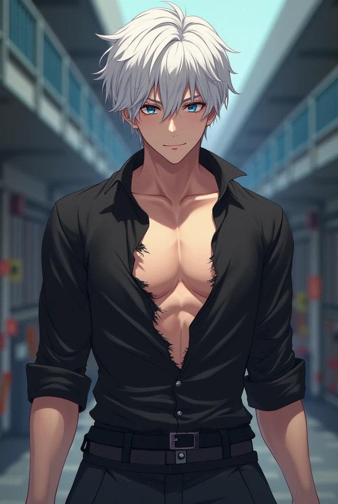 Young guy, long light blue hair, high ponytail, purple eyes, smirk, purple open shirt, black pants, bandages on his hands, masterpiece, high quality