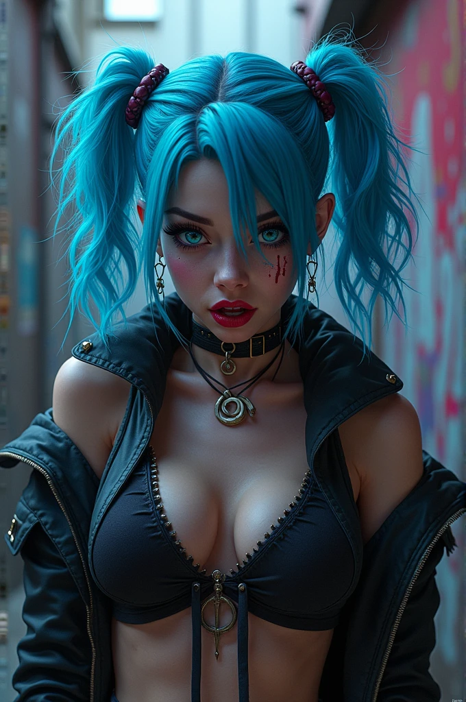 goth, excited, pale skin, smoky eyes, vivid colors, punk rock hairstyle, green and cyan hair, black lips, river at night, body view, huge breasts, earrings, tattoo, sleeves