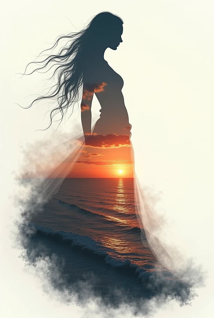 high quality, 8K Ultra HD, A beautiful double exposure that combines an goddess silhouette with sunset coast, sunset coast should serve as the underlying backdrop, with its details incorporated into the goddess , crisp lines, The background is monochrome, sharp focus, double exposure, by yukisakura, awesome full color,