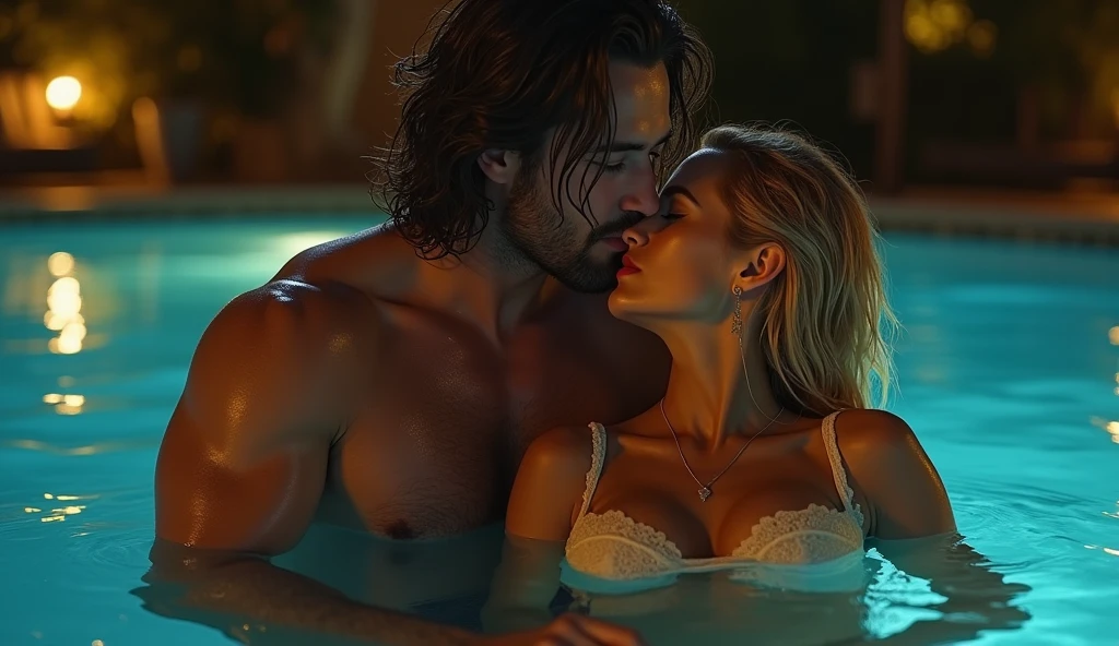 Britney and a partner provocatively entwined in an abstract setting where their touch generates visible electric sparks. The lighting is stark and dramatic, illuminating their intense connection.