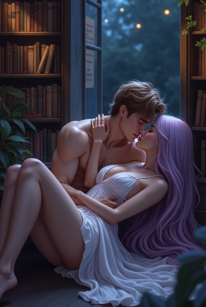 A naked purple haired green eyed girl kissing a naked purple haired purple eyed boy