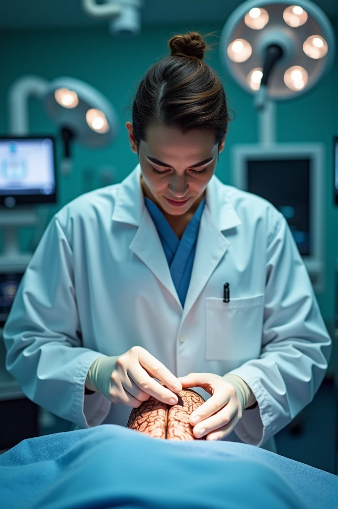A Woman Shrink with human Brain in Hand, looking at brain and analyzing, sitting at a table, Background of a neuroscience clinic