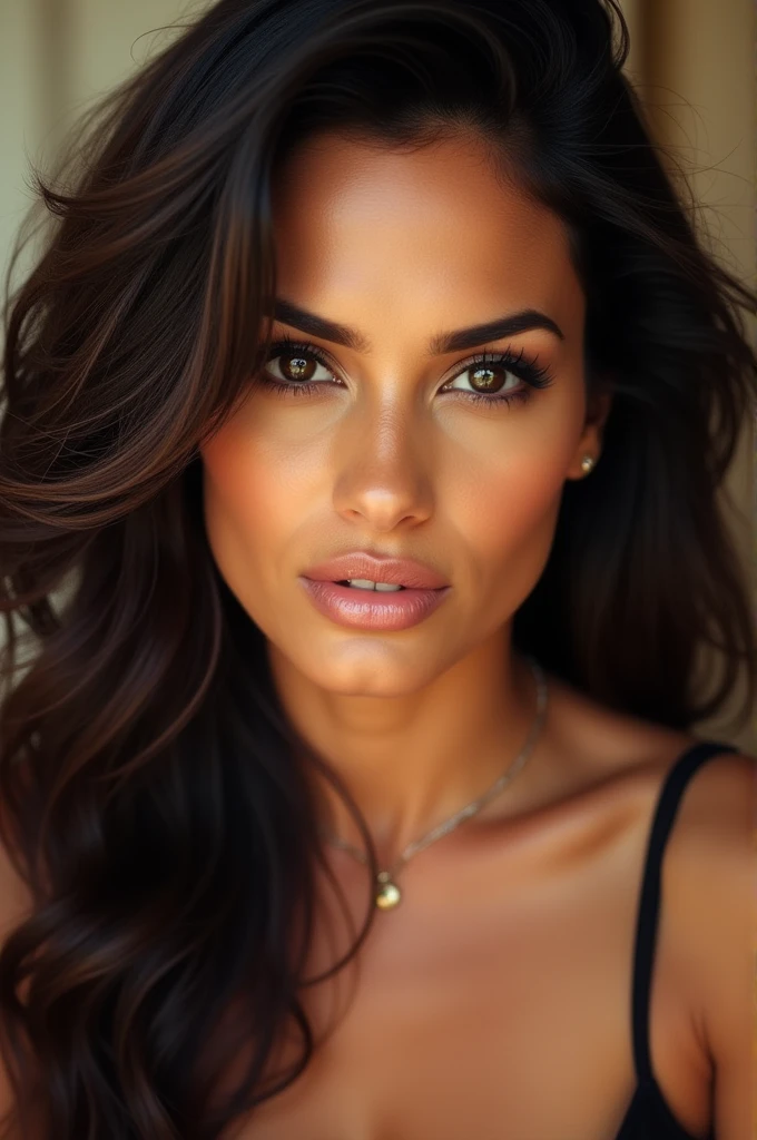 ((best quality, high resolution), (half body:1.2), professional, photographer, woman), (makeup), (perfect lighting), (frontal image), (bright colors), half-length photograph of a muscular, big-breasted woman posing with oily skin looking directly at the camera.
