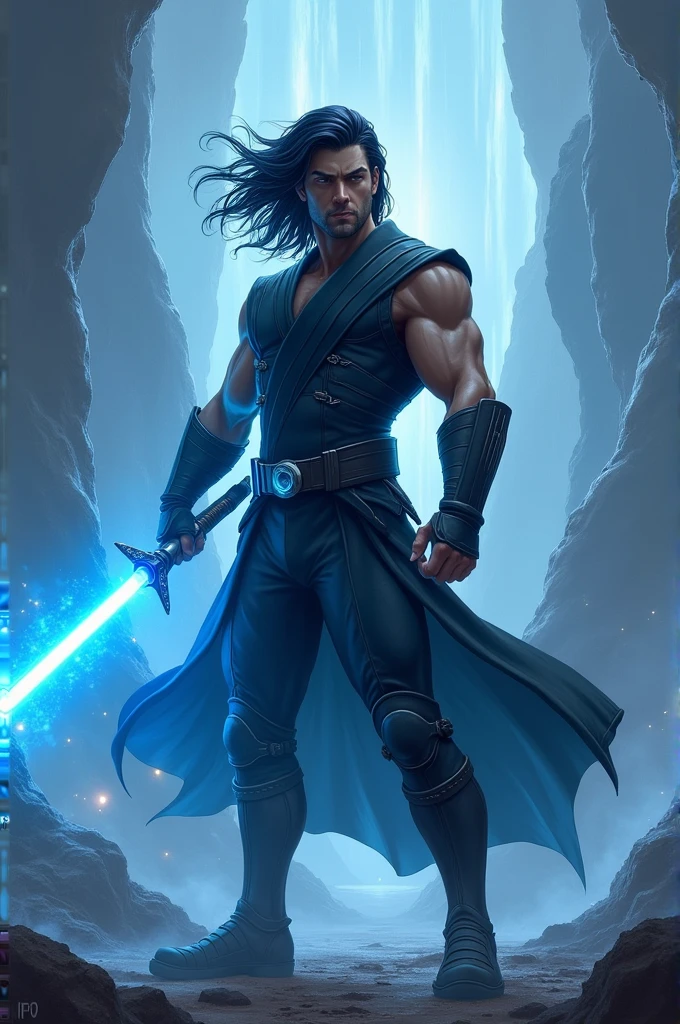 Dark male Sith lord with glowing yellow eyes, with long, wavy, messy black hair, with samurai bun. Wearing a black cape and dark metal belt and silver bracelets and shoulder pads...His heavily scarred chest is exposed beneath his black cloak. In an attack pose he holds a purple lightsaber.
