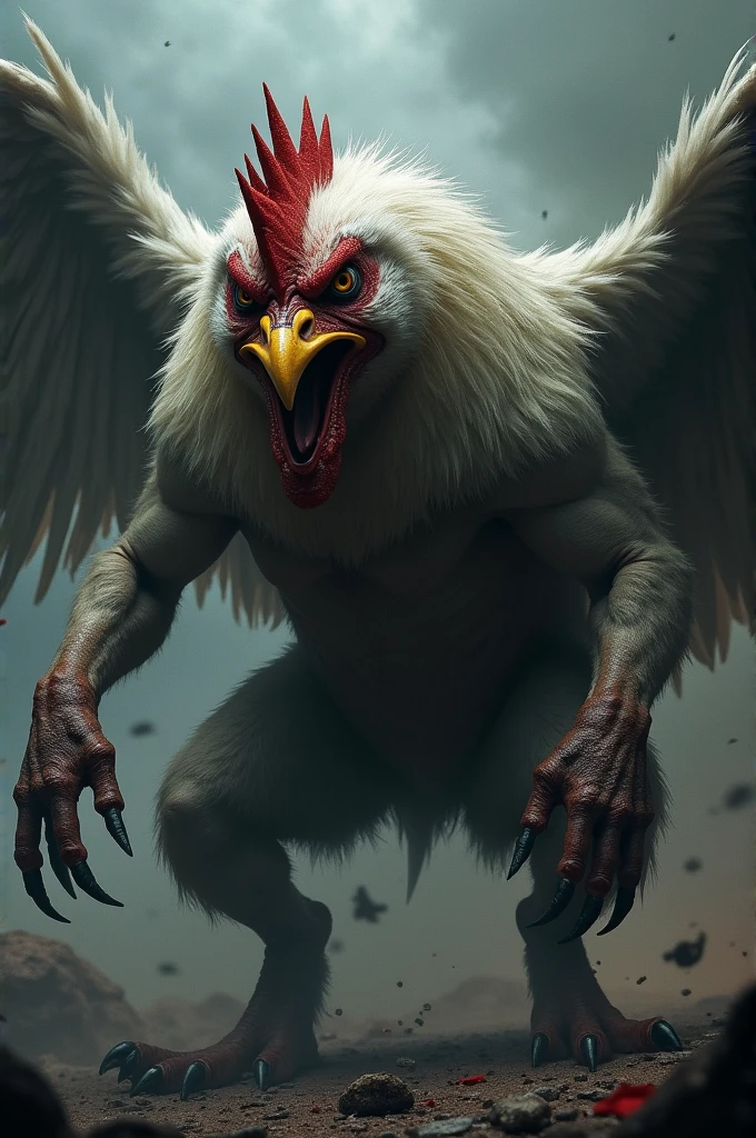 An image depicting a properly decrested fighting cock with jet black feathers, intense eyes and sharp beak, lunges forward in a ferocious attack. His muscles are tense and his wings are spread out., creating a sense of movement and power. No crest no crest, without crest, without crest, ya que no entiendes que es un gallo without crest intenta que sea un gallo giro