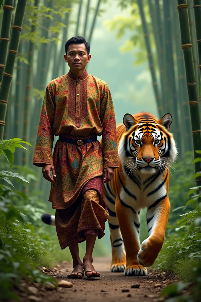 caricature photo of a young man from Indonesia wearing a sarong and Muslim clothes wearing a Muslim cap pulling a cow with fur like a tiger. there is the writing "selamat hari raya QURBAN" read clearly using good Indonesian spelling. mosque background. clean 8k UHD image. cinematic. realistic.