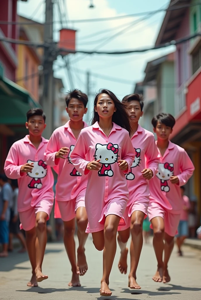 Portrait of 4 young Indonesian men and ung woman , wearing pink nightgown depicting hello Kity running on the street,real ultra hd