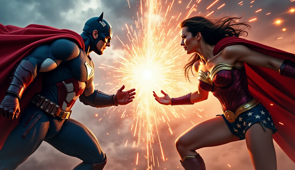 "Create an ultra-high-quality, realistic close-up scene of Wolverine overpowering Wonder Woman in a dark, intense battle. Wolverine, in his classic yellow and blue suit, is shown with his claws extended, slashing towards Wonder Woman, who is in her iconic armor with a look of determination and struggle. The environment is a war-torn battlefield with smoke and debris. Focus on the realism of the characters' expressions, muscle definition, and the dramatic lighting, with shadows casting on their faces, highlighting the intensity of the fight. Emphasize the details in Wolverine's claws and Wonder Woman's armor, making the scene dynamic and powerful."