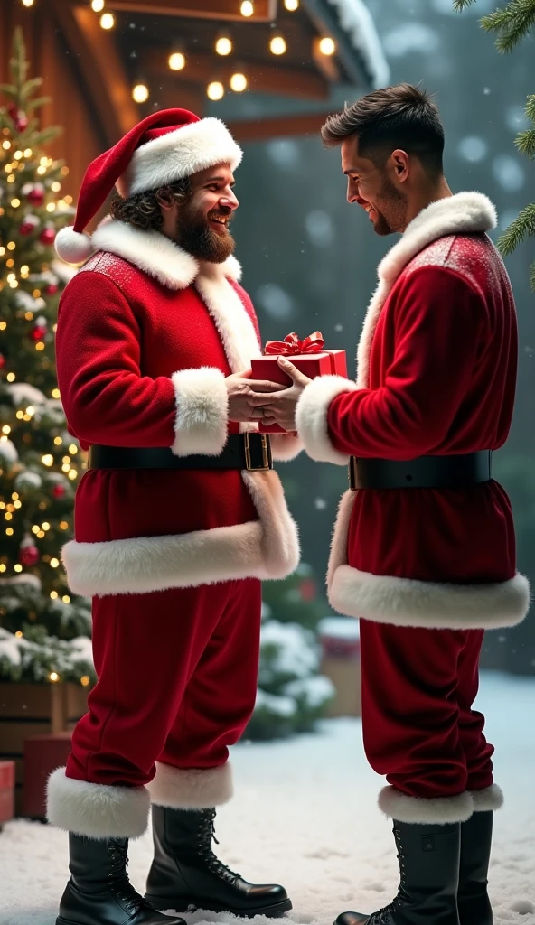 two elf men with (long pointy ears:1.1) wearing santa hats (:1.2), elven, christmas, palace, snow, short hair, stubble, detailed background, fantasy, Rivendell, d&d, full of color, extremely detailed shading, absurdres, 8k, from above