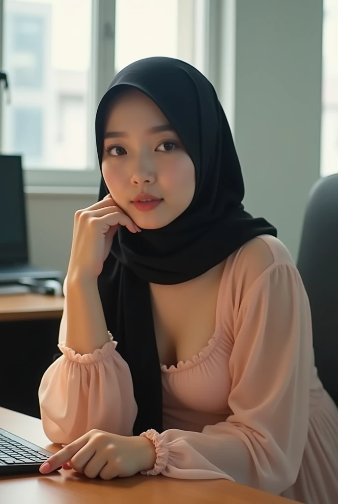 30-Years-Old,Female Store owner, Hijab Beautiful Indonesian Mature Woman, Wearing Gamis, White Skin Like Porcelain, Realistic Ultra Gigantic Breast : 26.9,realistic hot body, PP cup Breast, Seducting Look, Her bra Through, Lustful smiling, squatting on top her office table.