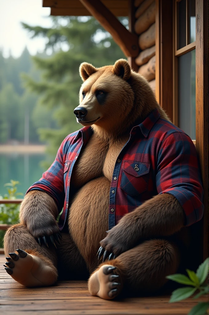 furry, fur taur, beartaur, middle-aged, 1man,  solo, red_shirt, shirt, open_shirt, hairy, arm_hair, leg_hair, short_hair, old, old_man, pectorals, large_pectorals, detailed face, bear ears, bear eyes(brown), bear nose(black), bear mouth, garibaldi beard(grey), mature hair(grey), detailed arms, thick arms, muscular, muscular_male, thick hands(5 fingers), detailed body belly, thick body, muscle belly(white), thick chest, chest hair(grey), detailed taur body, thick taur body, thick bear paws, thick bear tail, full body shot, standing in the woods