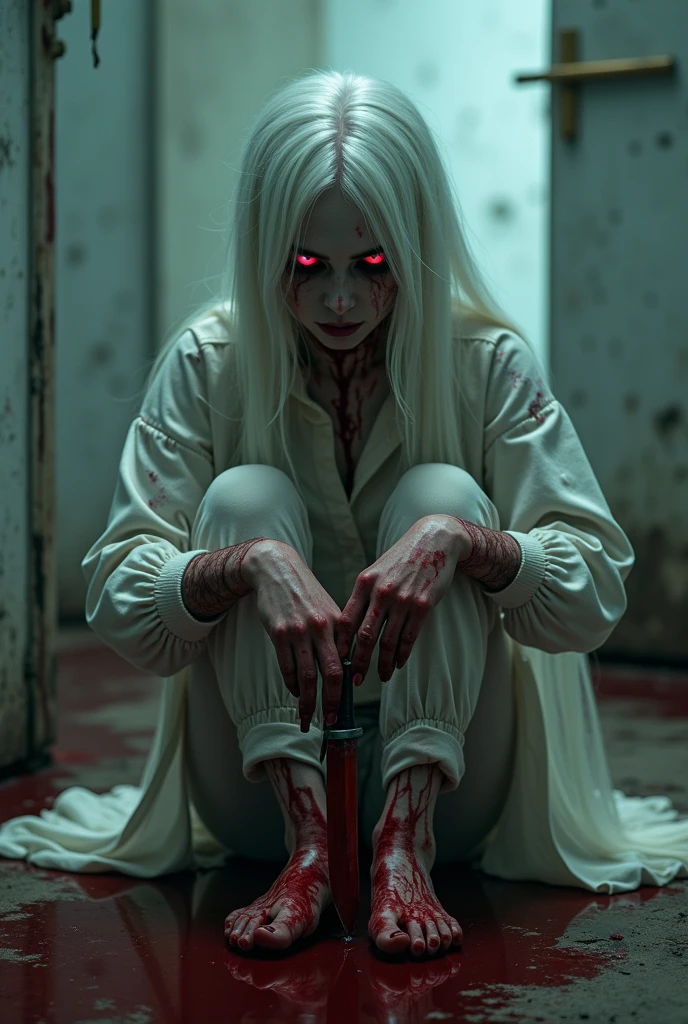 "((Masterpiece, top quality, high resolution)), (Female), (One character), (Alone), (Solo), (Ahoge, long white hair), (Faint glowing red eyes), (Bloodied straightjacket), (Red nails), (Sitting on knees and leaning forward), (Insane asylum, white room), (Blood everywhere), (Bloodied clothes), (Holding bloody knife), (Crazy, insane)