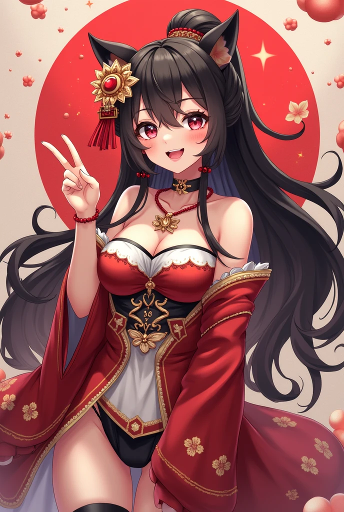 ((Mate Peace)), (Girl: 1.2), (Big breasts), (Black hair, short cut: 1.3),  Plump and glossy lips, beautiful clear eyes, (Vest (Smile), Spoken Heart, (Perfect Hand: 1.2), (Red Theme: 1.4), (With Oiran: 1.3), (Maxi-length black kimono [with gold]) Obi: 1.4), (Delicate gold embroidery) Flashy Pattern: 1.3), (Off shoulder: 1.4), (Clogs: 1.2), (Flashy hair ornament: 1.3), (Super huge ribbon in front: 1.2), Waist: 1.3), Low angle shot, (Enchanting light ), Moonlight: 1.4),vbold thigh slit, Fire swirls and filigree, Rainbow colored bubbles, Fantastic sparkles, Magical hologram glow, Flame effects, Must-have, Top quality, Super detail, Masterpiece,