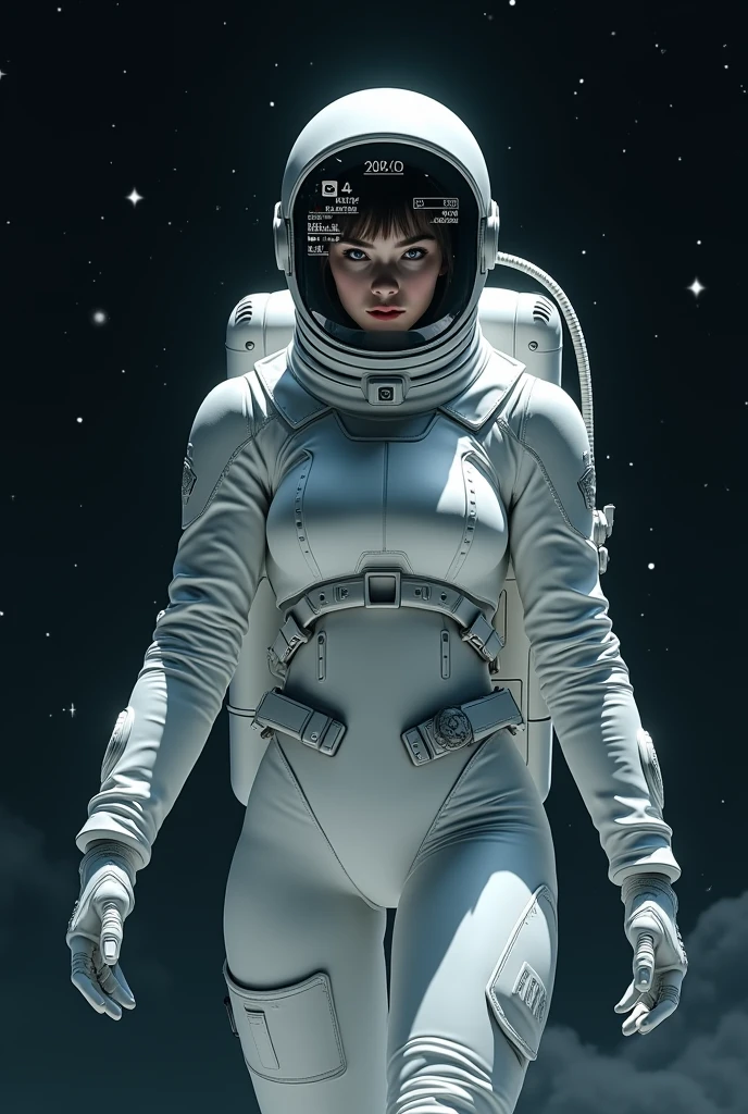 exuberante y voluptuosa mujer alienigena extraterrestre con cara agradable , en centro de control de una spacecraft.