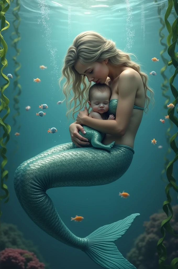 Black mermaid baby with her Asian mother
