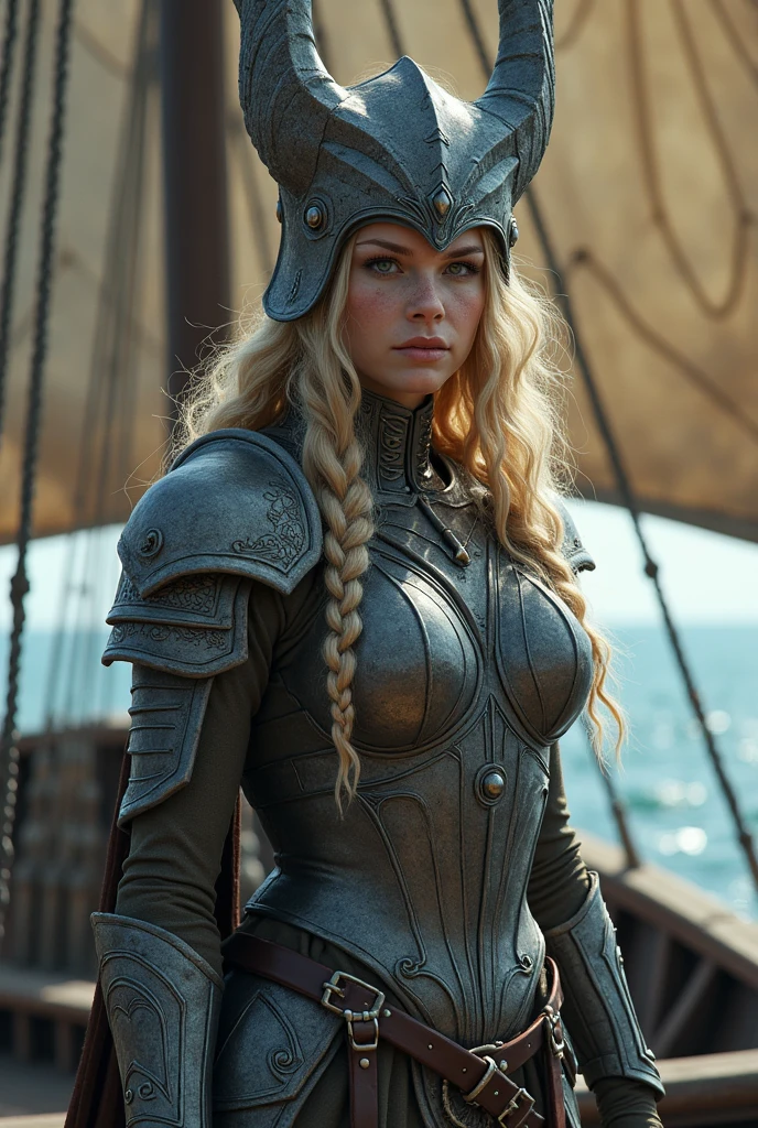 (best qualityer,Most High,ultra detali:1.2)
Beautiful Viking Lady, Leather armor with golden ruffles, long braided hair, shining blue eyes, brave face, in battle, Battle on the River, lighting sun, light particles, Corpses in the river, estilo de Tyler Shields
"Craig Mullins style