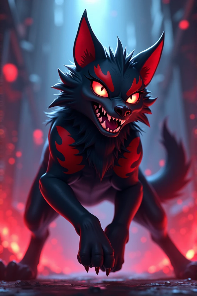 ((masterpiece, best quality)) by Vivziepop, Vivziepop, Vivziepop, by Vivziepop, a full picture of a full body strong buff handsome male blue werewolf wearing a black demon collar, blue fur, werewolf ears, HD, 4k, cinematic, dramatic lighting, masterpiece, high quality, highres, best quality. fur, black nose, dark blue hair, male, solo, one character, werewolf character, male. red demon evil eyes, bloody teeth, blue fur. fluffy fur, blue werewolf tail, handsome face, dark background, smiling, at night, gray clouds.