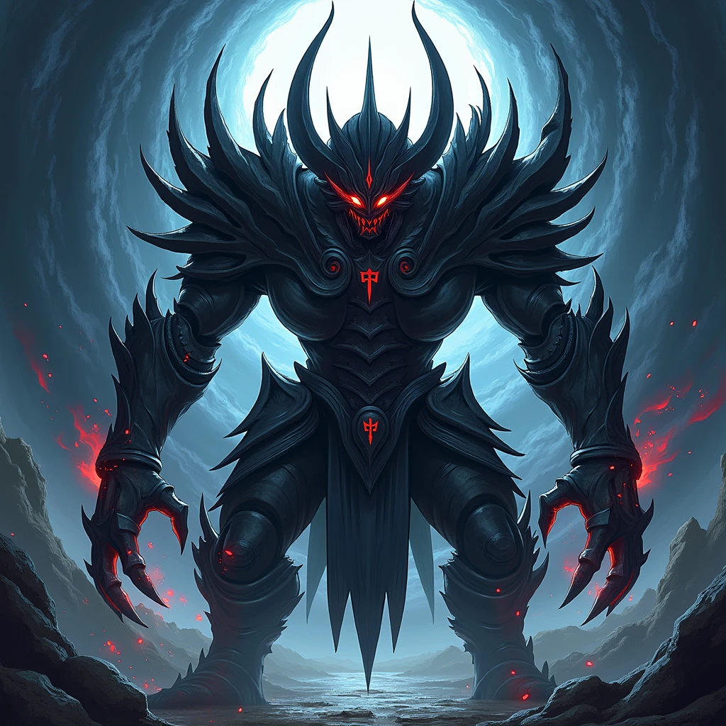 Monster Humanoid Man Demon Argoth had transformed into a grotesque and colossal creature. His height now surpassed any human being, and his figure was encased in dark, thorny armor. In your hand, He wielded a black sword that looked more like a gate to the darkness. His eyes glowed with an evil flame, and he exuded an overwhelming power.