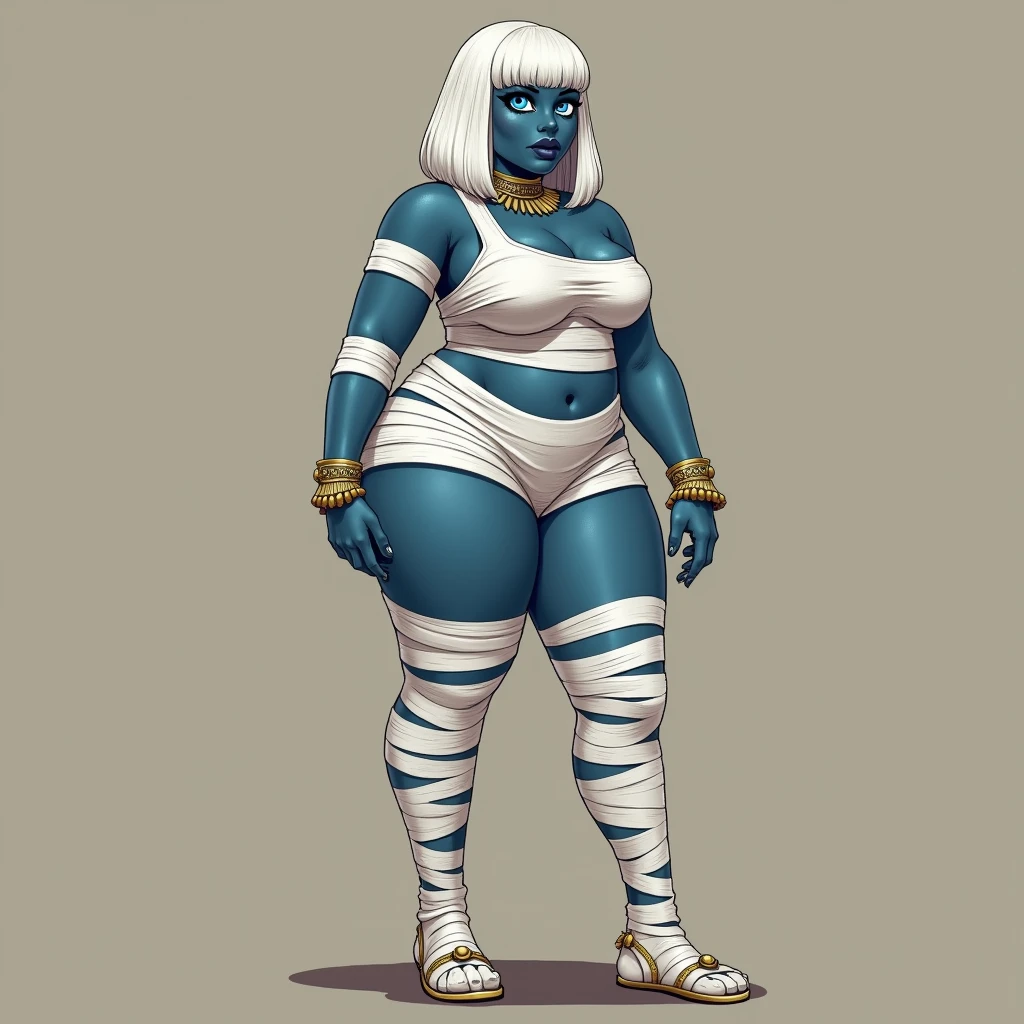 ((masterpiece)),(((best quality))),((character design sheet)), ((full body view)) ((mummy girl)) mature face, defined cheekbones, high cheekbones, illustration, bandaged all over body, muscular, ((bandaged:1.4)), sexy bimbo, (gigantic breasts:1.7) black hair, ((detailed face:1.4)) beautiful woman, (Egyptian:1.4) (blue skin:1.4) , shiny skin, scribbles and marks,(puffy lips:1.4) , rough sketches, pose, 8k,16k, (simple background, white background: 1.3) beige color palette, blue legs, blue arms, blue face
