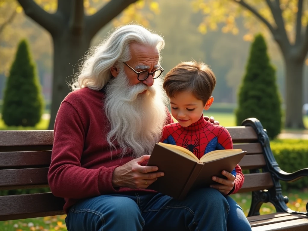 just an old man reading a book to ( A CHILD), through the window you can see rain, twilight light, warm atmosphere, cultured atmosphere, (masterpiece) (perfect proportion) (photo realistic) (best quality) (detailed) (8k) (HDR) (wallpaper) (cinematic lighting) (sharp focus) (intricate)