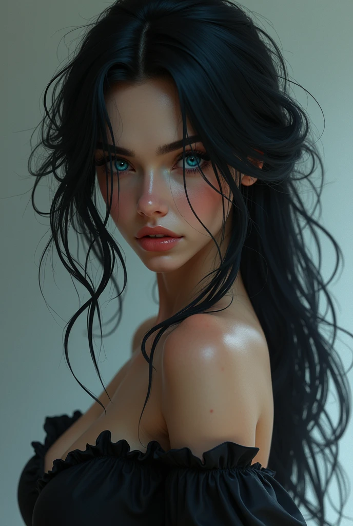 1girl,solo,long hair,looking at viewer,black hair,low cut black dress,bare shoulders,silver pendant, exotic,braid,black hair,necklace,lips,grey eyes,single braid,hair over shoulder, realistic
