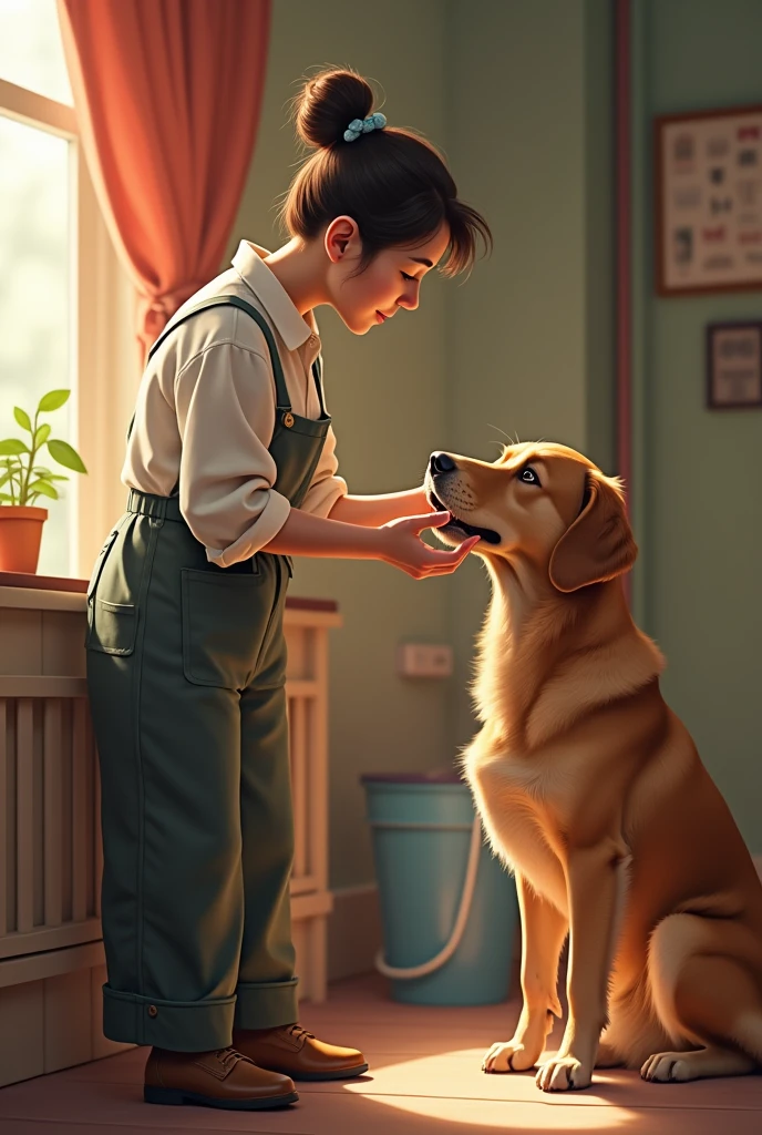 Profile view of a dog's head and a profile view of a man's head holding a figure in the background 



